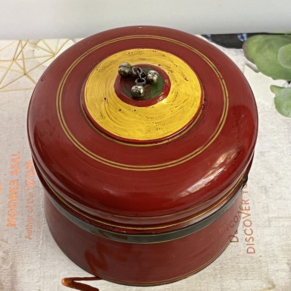 Vintage Wood Kumkum Lacquered Box Tika Powder Trinket Box Red Metal Pom Pom - Picture 3 of 17